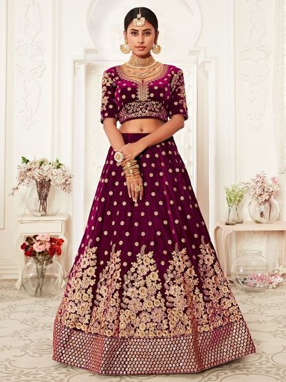 Odette Purple Velvet Embroidered Semi Stitched Lehenga With Unstitched Blouse For Women