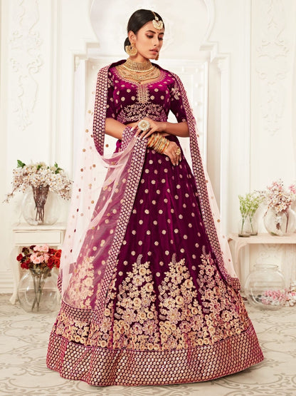 Odette Purple Velvet Embroidered Semi Stitched Lehenga With Unstitched Blouse For Women