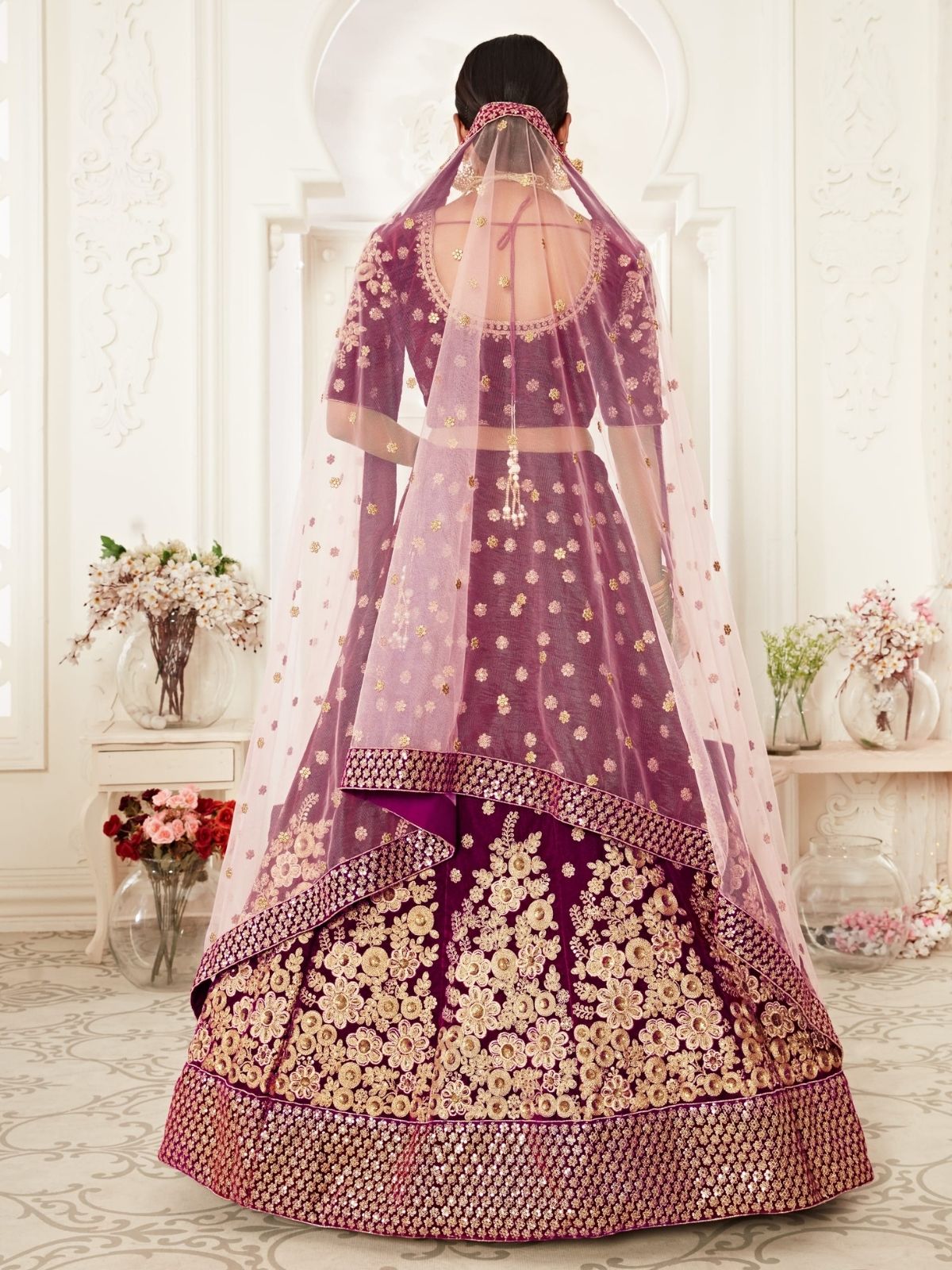 Odette Purple Velvet Embroidered Semi Stitched Lehenga With Unstitched Blouse For Women