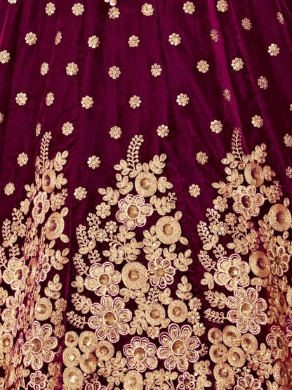 Odette Purple Velvet Embroidered Semi Stitched Lehenga With Unstitched Blouse For Women