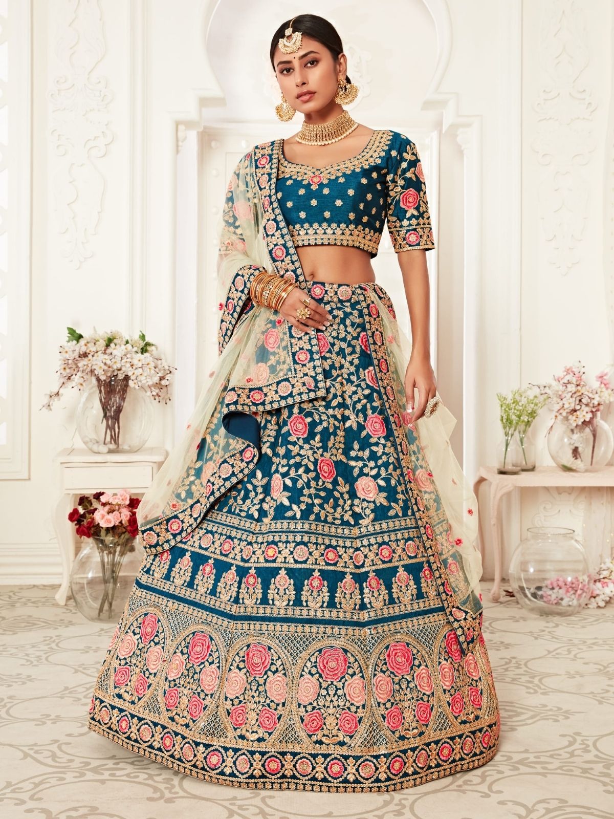 Odette Teal Silk Blend Embroidered Semi Stitched Lehenga With Unstitched Blouse For Women