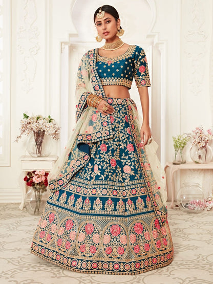 Odette Teal Silk Blend Embroidered Semi Stitched Lehenga With Unstitched Blouse For Women