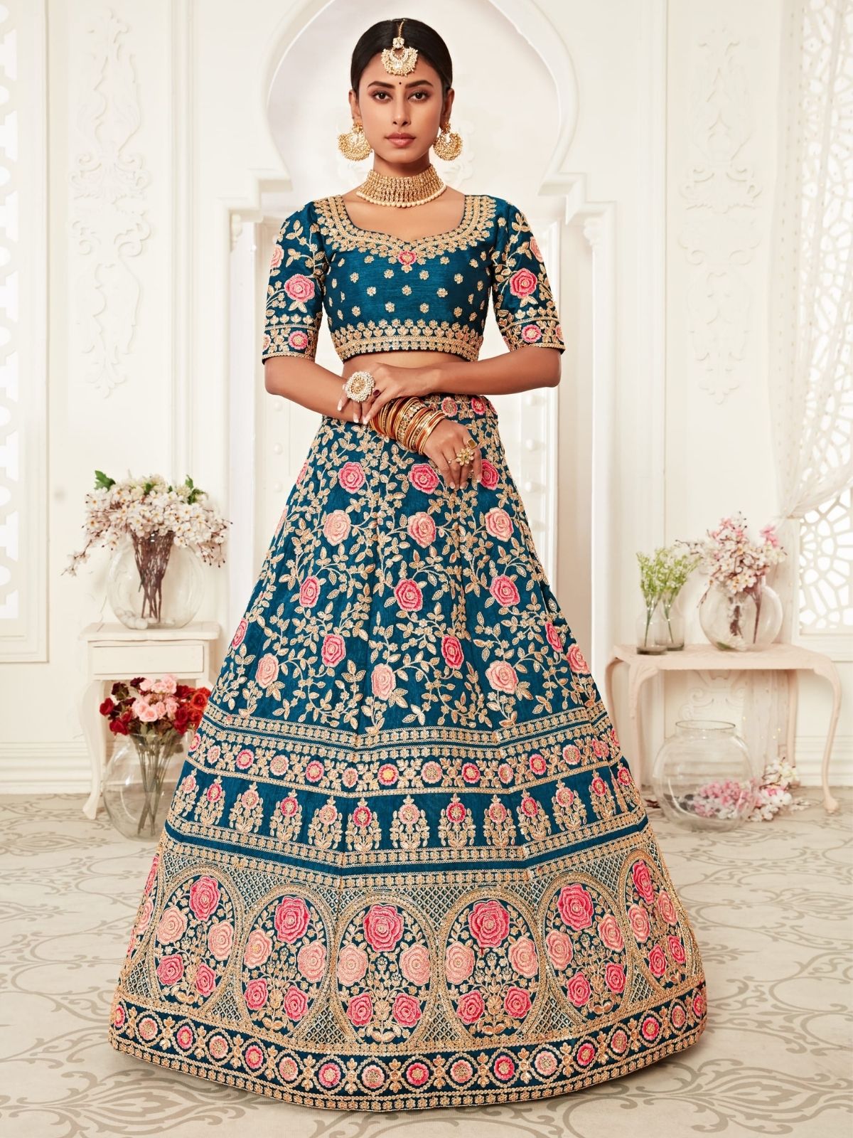 Odette Teal Silk Blend Embroidered Semi Stitched Lehenga With Unstitched Blouse For Women