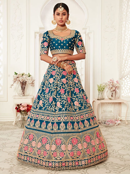Odette Teal Silk Blend Embroidered Semi Stitched Lehenga With Unstitched Blouse For Women