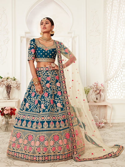 Odette Teal Silk Blend Embroidered Semi Stitched Lehenga With Unstitched Blouse For Women