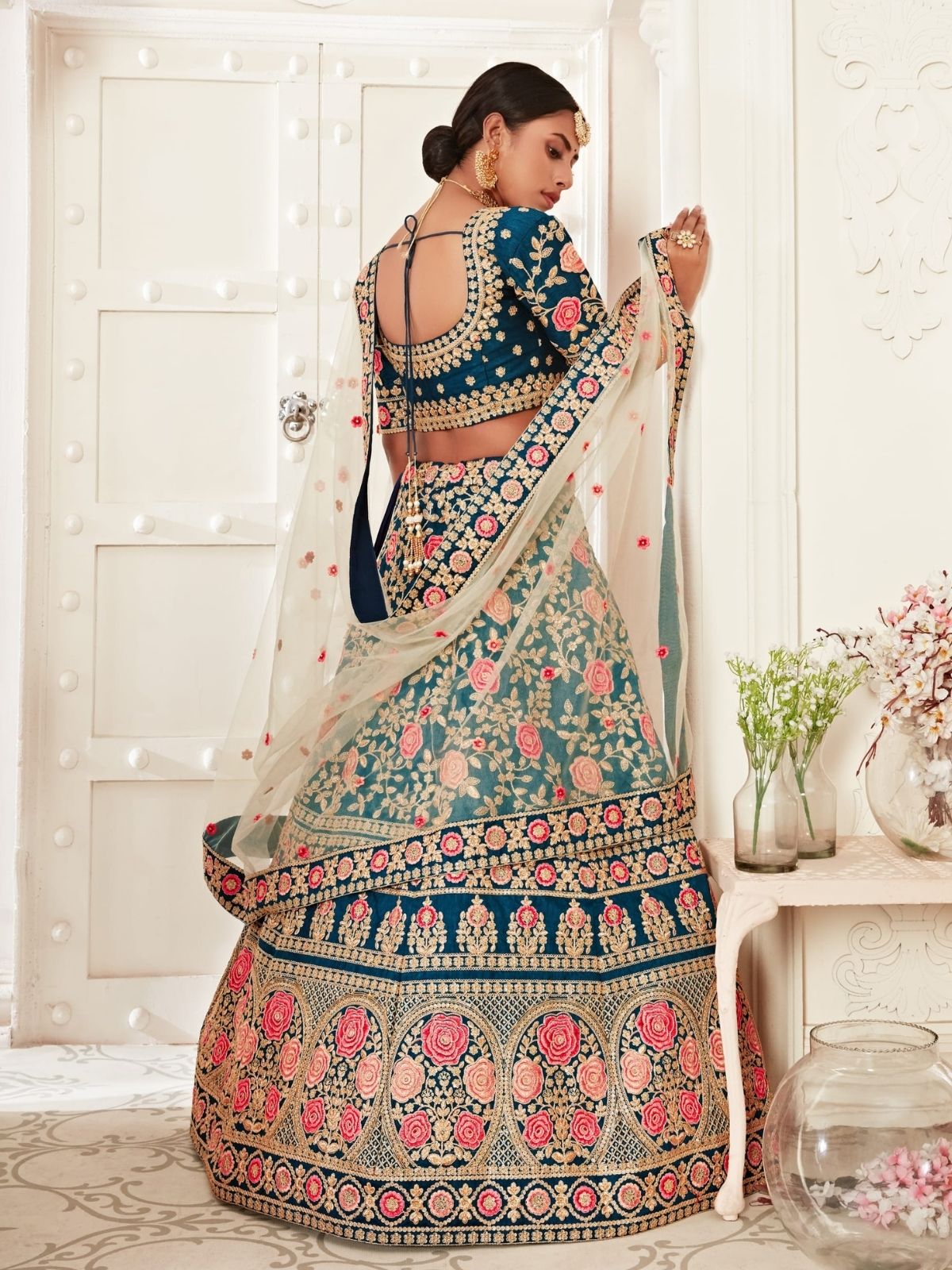 Odette Teal Silk Blend Embroidered Semi Stitched Lehenga With Unstitched Blouse For Women