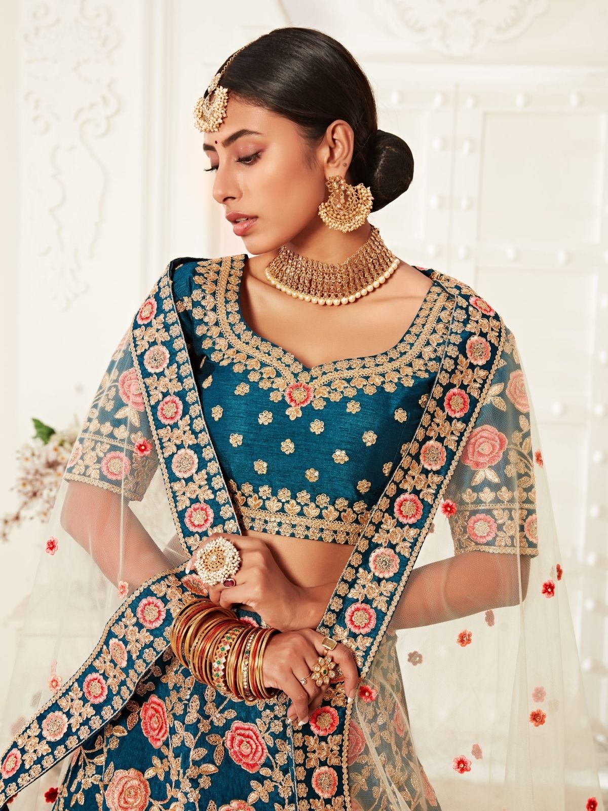 Odette Teal Silk Blend Embroidered Semi Stitched Lehenga With Unstitched Blouse For Women