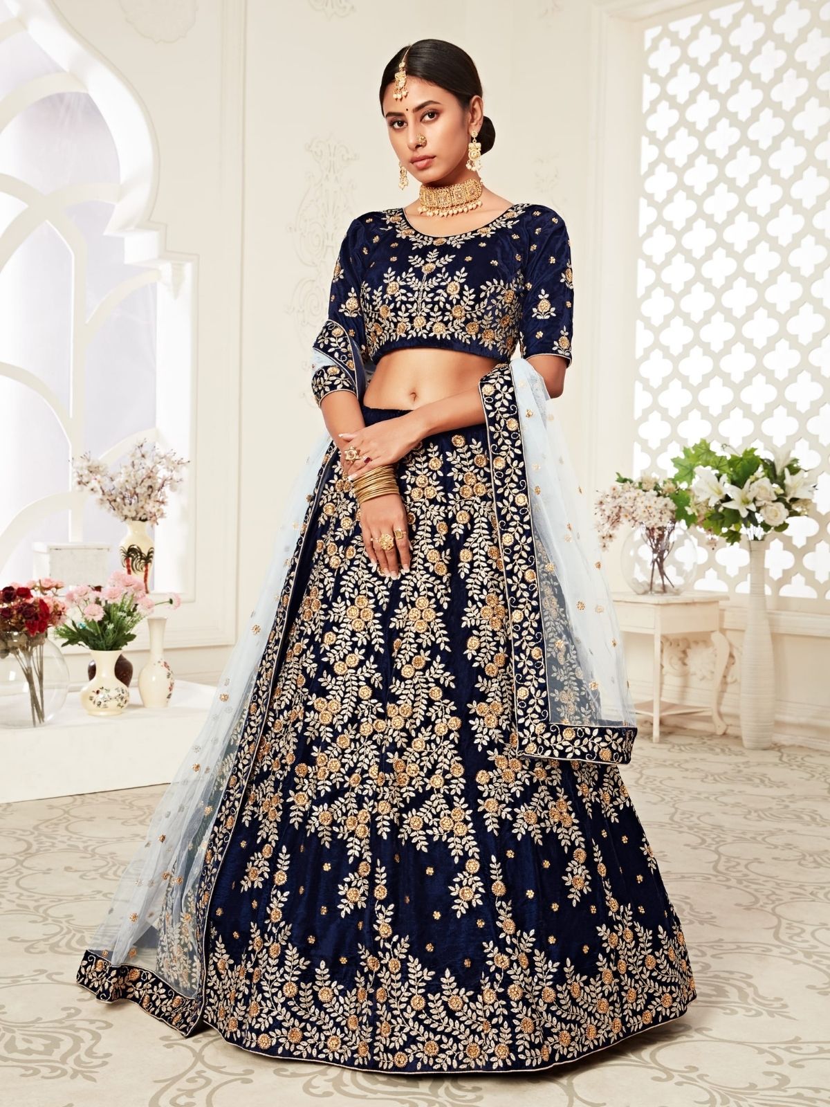 Odette Navy Blue Velvet Embroidered Semi Stitched Lehenga With Unstitched Blouse For Women