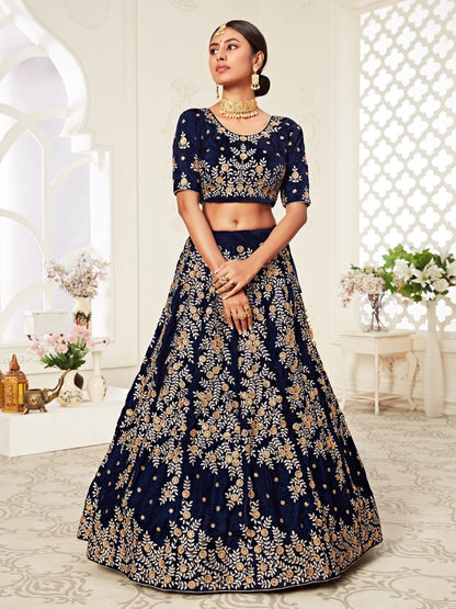 Odette Navy Blue Velvet Embroidered Semi Stitched Lehenga With Unstitched Blouse For Women