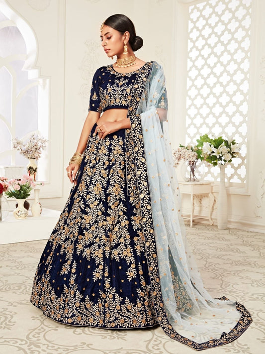 Odette Navy Blue Velvet Embroidered Semi Stitched Lehenga With Unstitched Blouse For Women