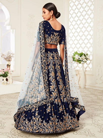 Odette Navy Blue Velvet Embroidered Semi Stitched Lehenga With Unstitched Blouse For Women