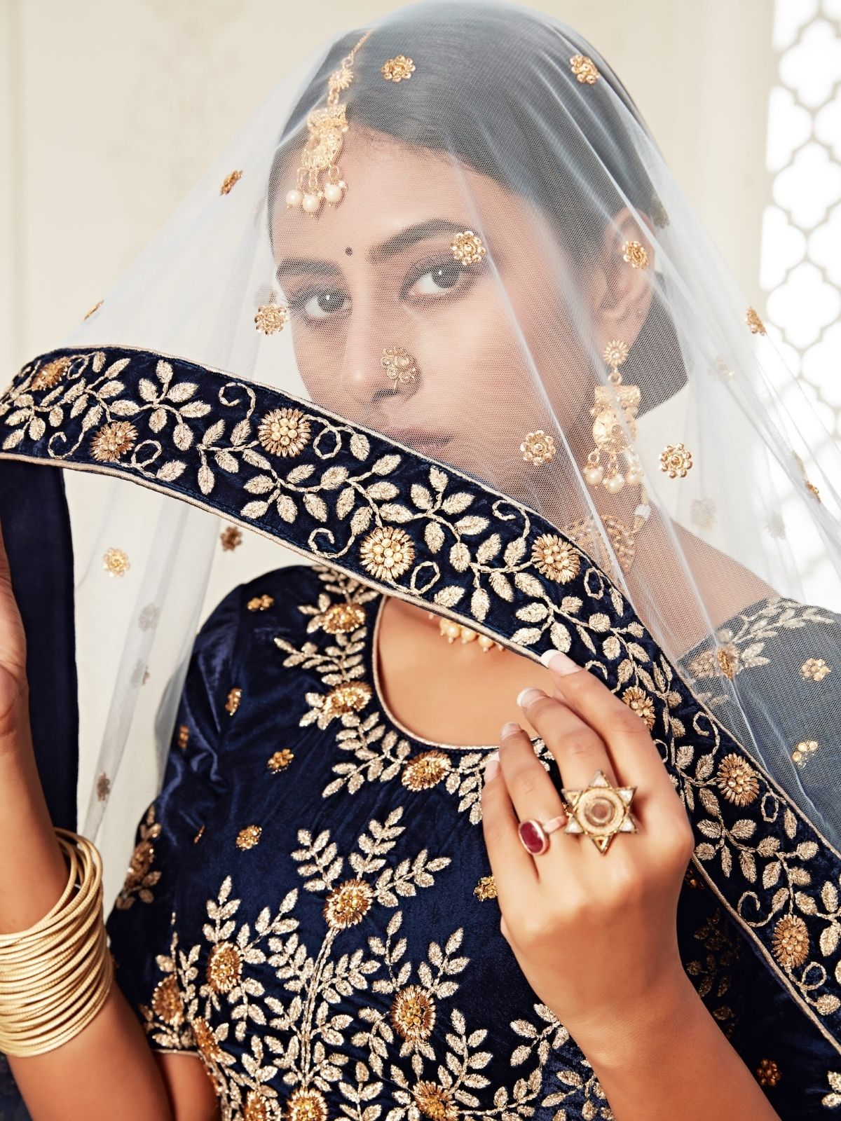 Odette Navy Blue Velvet Embroidered Semi Stitched Lehenga With Unstitched Blouse For Women