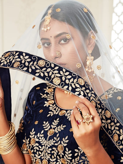 Odette Navy Blue Velvet Embroidered Semi Stitched Lehenga With Unstitched Blouse For Women