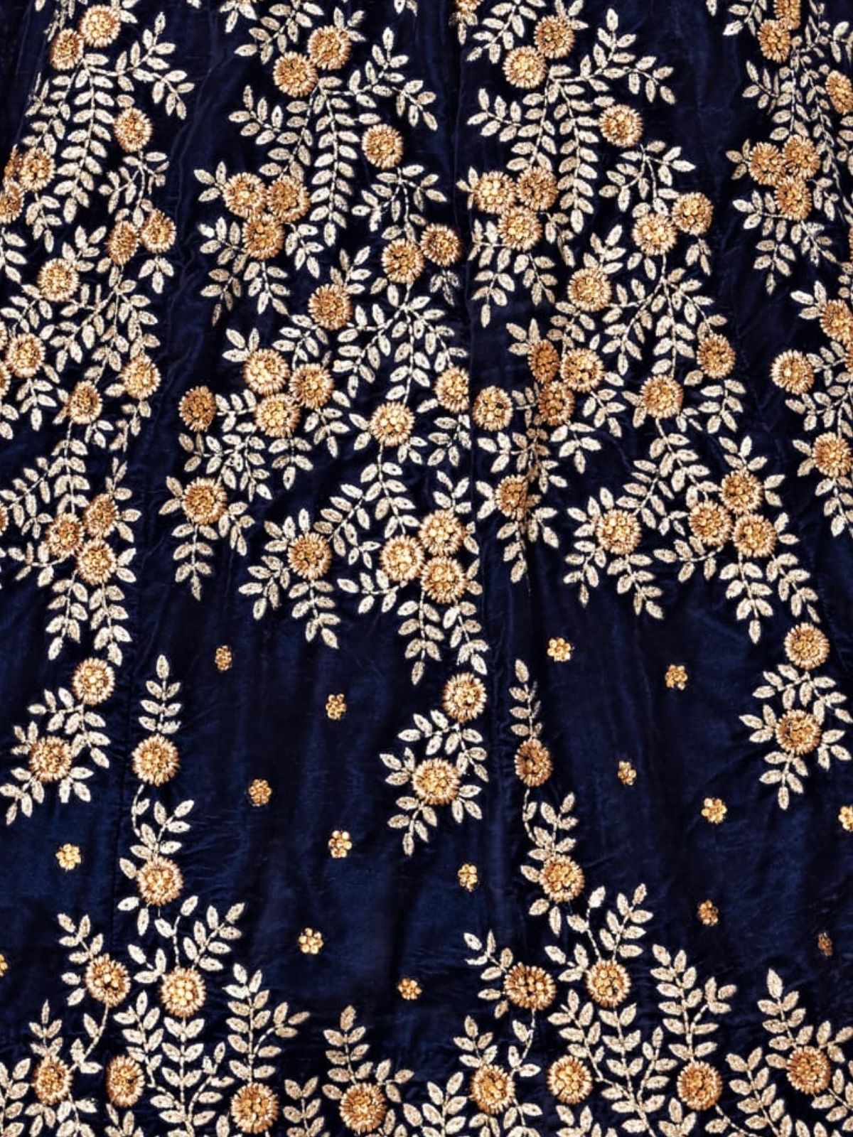 Odette Navy Blue Velvet Embroidered Semi Stitched Lehenga With Unstitched Blouse For Women