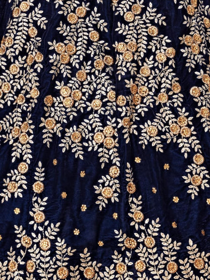 Odette Navy Blue Velvet Embroidered Semi Stitched Lehenga With Unstitched Blouse For Women