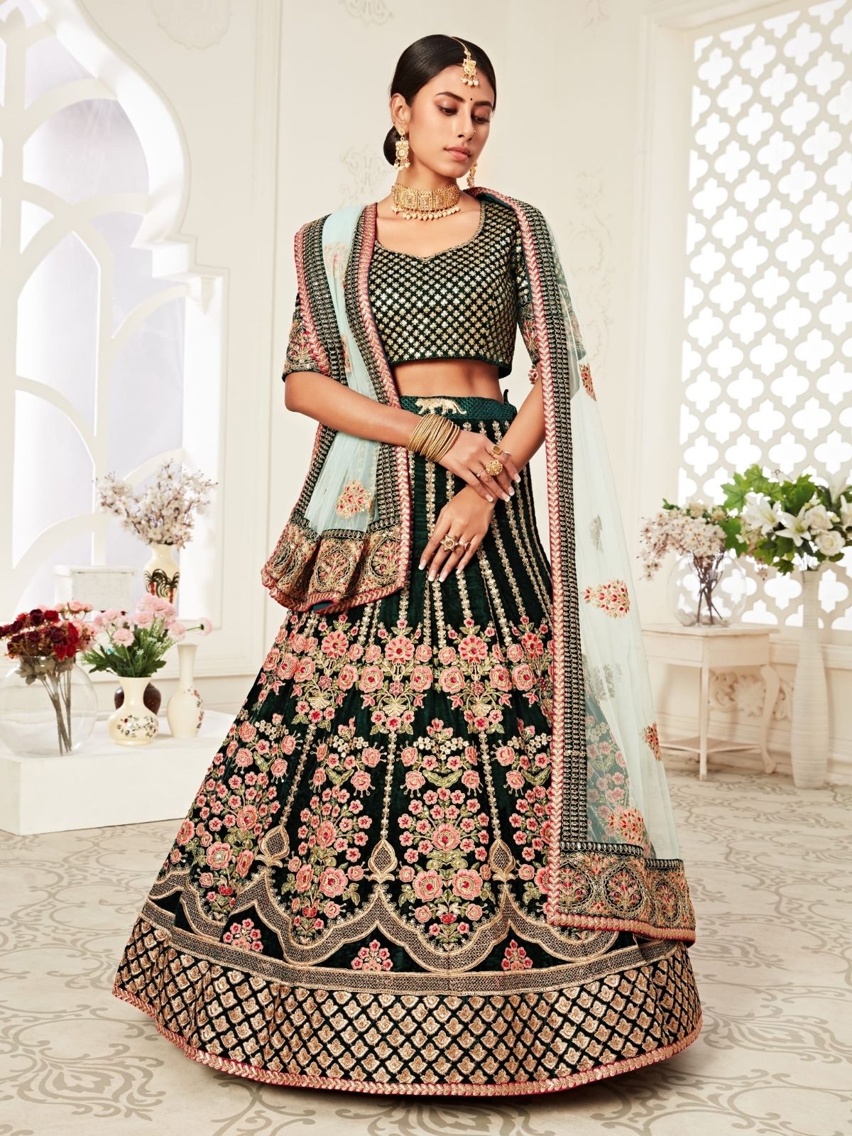 Odette Green Velvet Embroidered Semi Stitched Lehenga With Unstitched Blouse For Women