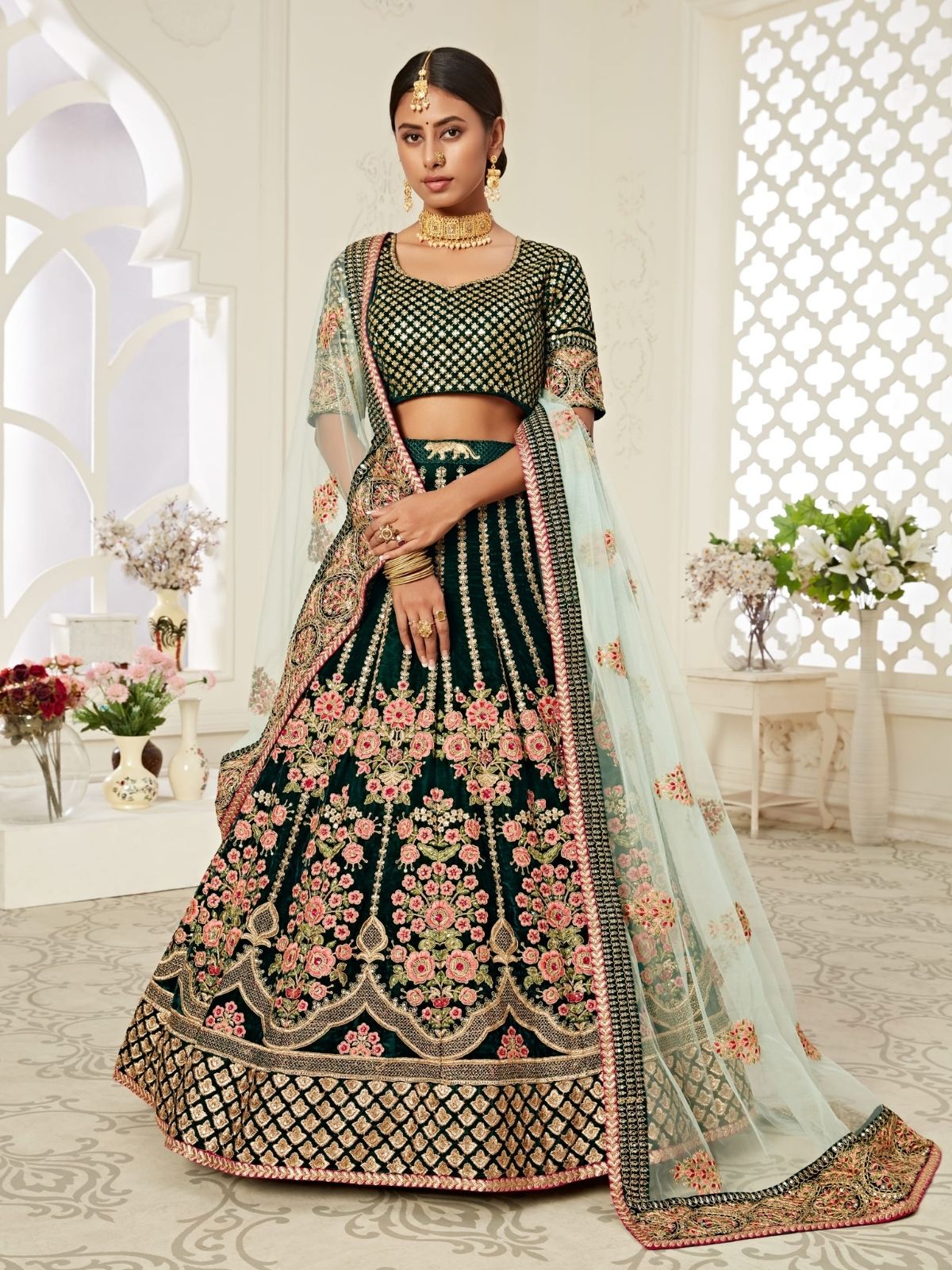 Odette Green Velvet Embroidered Semi Stitched Lehenga With Unstitched Blouse For Women