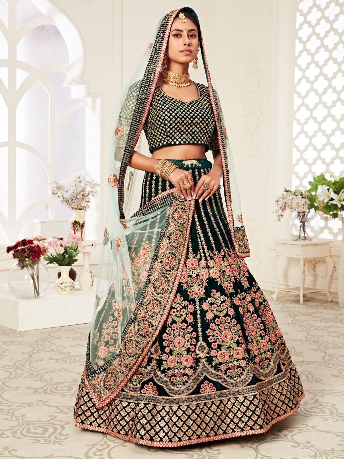 Odette Green Velvet Embroidered Semi Stitched Lehenga With Unstitched Blouse For Women