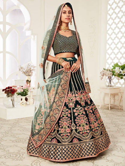 Odette Green Velvet Embroidered Semi Stitched Lehenga With Unstitched Blouse For Women