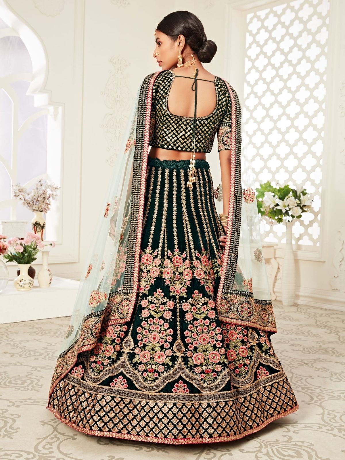 Odette Green Velvet Embroidered Semi Stitched Lehenga With Unstitched Blouse For Women