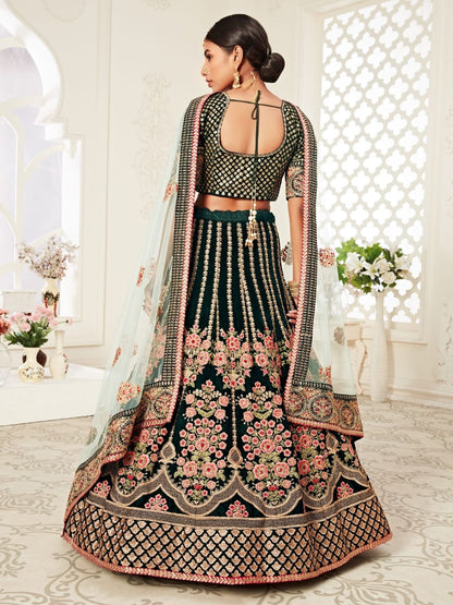 Odette Green Velvet Embroidered Semi Stitched Lehenga With Unstitched Blouse For Women