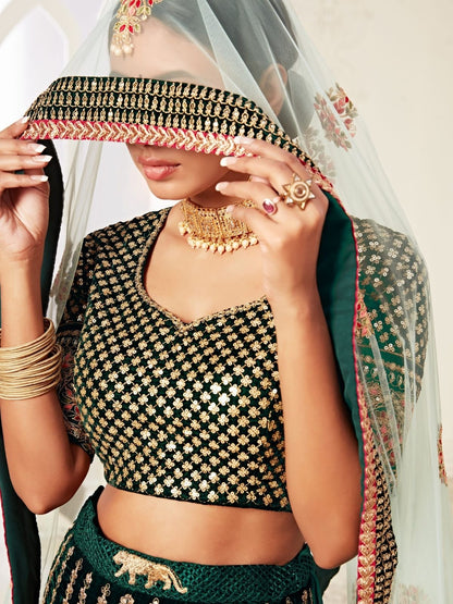 Odette Green Velvet Embroidered Semi Stitched Lehenga With Unstitched Blouse For Women