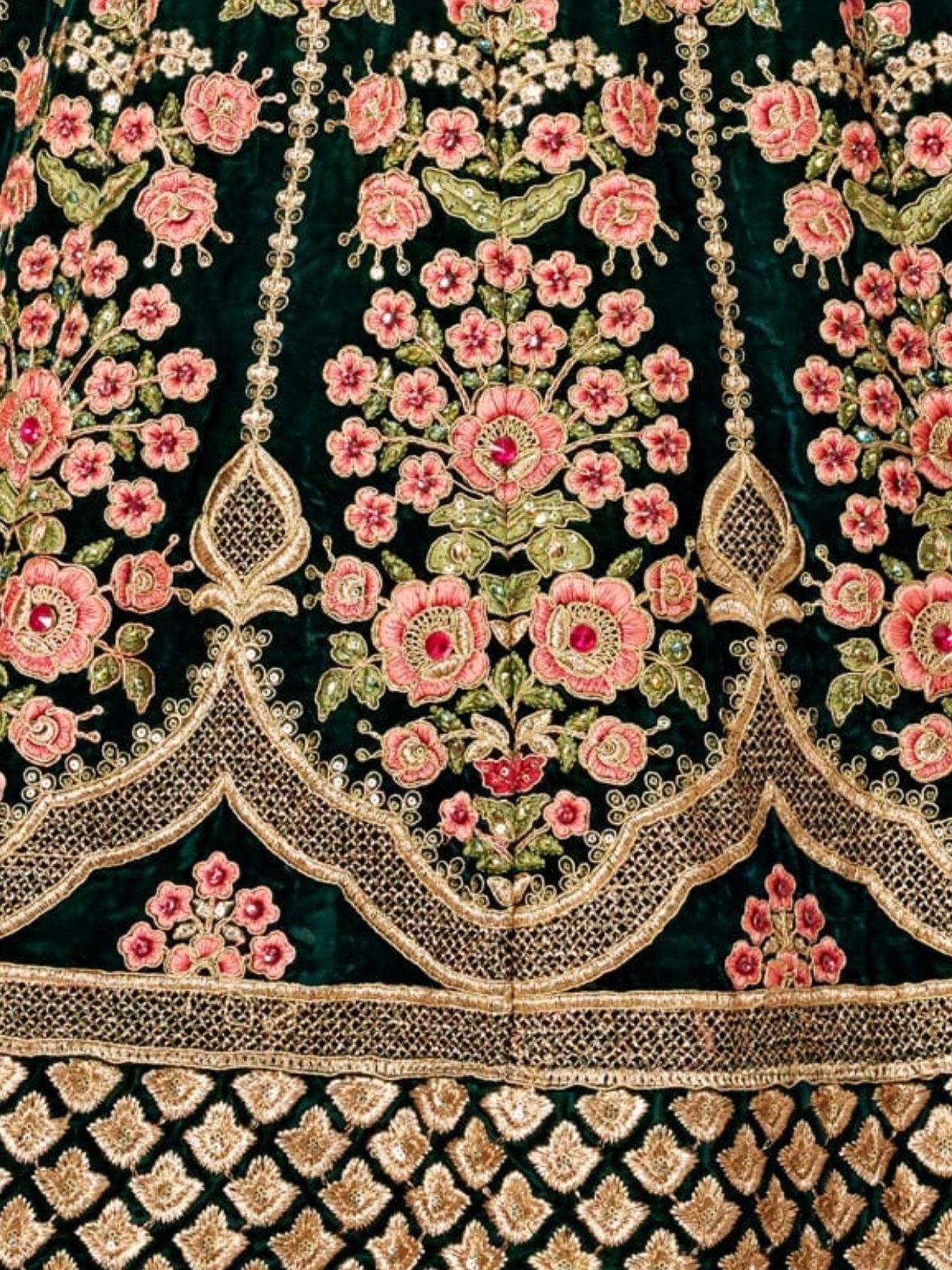 Odette Green Velvet Embroidered Semi Stitched Lehenga With Unstitched Blouse For Women