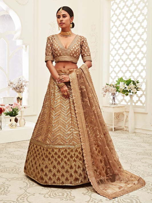 Odette Brown Silk Blend Embroidered Semi Stitched Lehenga With Unstitched Blouse For Women