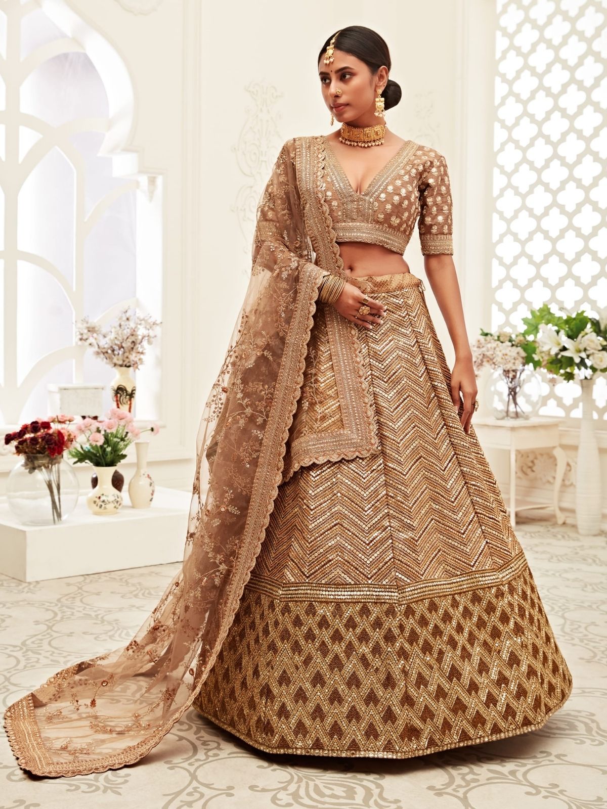 Odette Brown Silk Blend Embroidered Semi Stitched Lehenga With Unstitched Blouse For Women