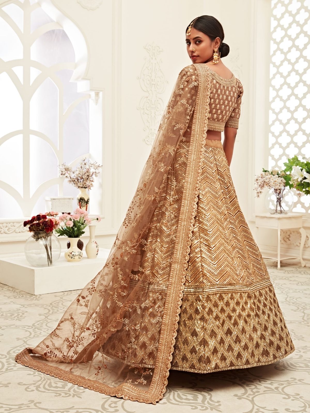 Odette Brown Silk Blend Embroidered Semi Stitched Lehenga With Unstitched Blouse For Women