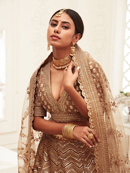 Odette Brown Silk Blend Embroidered Semi Stitched Lehenga With Unstitched Blouse For Women