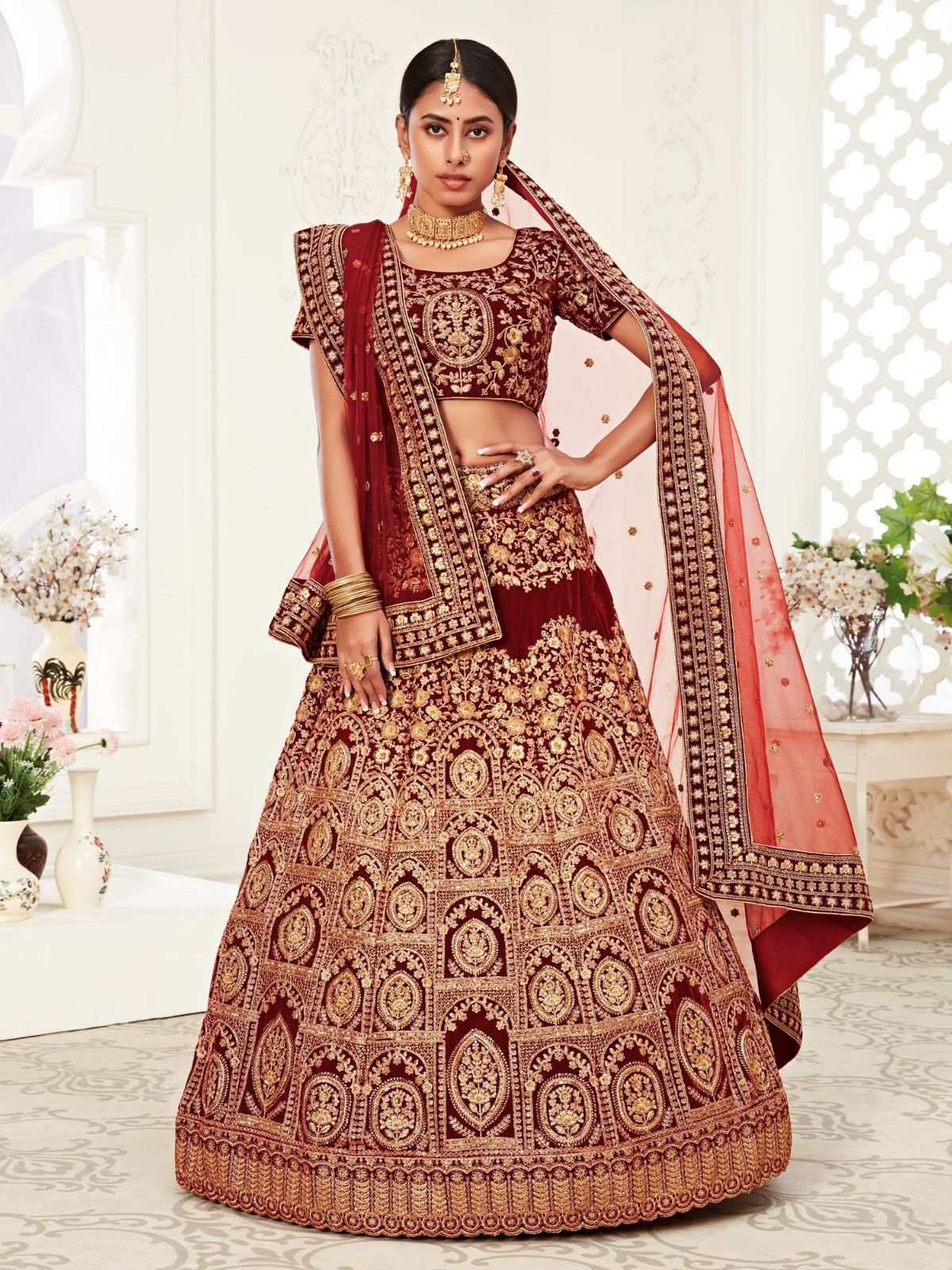 Odette Maroon Velvet Embroidered Semi Stitched Lehenga With Unstitched Blouse For Women
