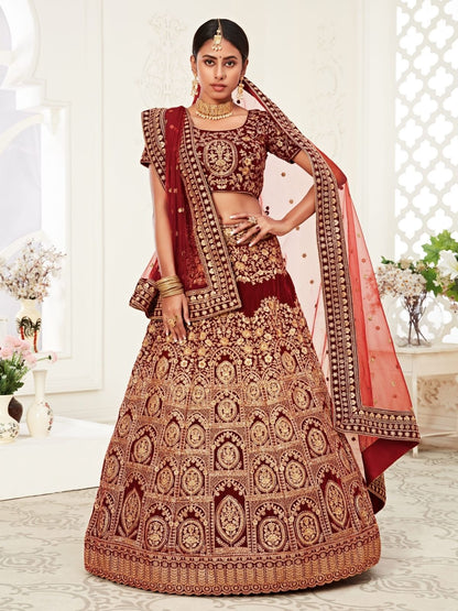 Odette Maroon Velvet Embroidered Semi Stitched Lehenga With Unstitched Blouse For Women
