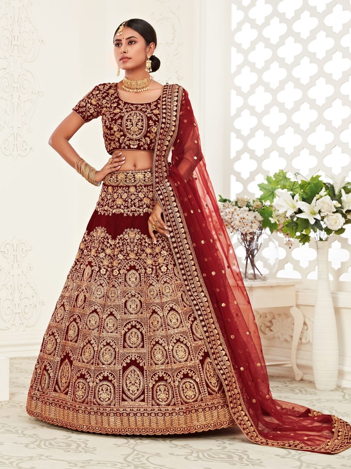 Odette Maroon Velvet Embroidered Semi Stitched Lehenga With Unstitched Blouse For Women