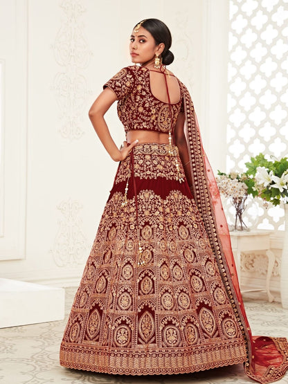 Odette Maroon Velvet Embroidered Semi Stitched Lehenga With Unstitched Blouse For Women