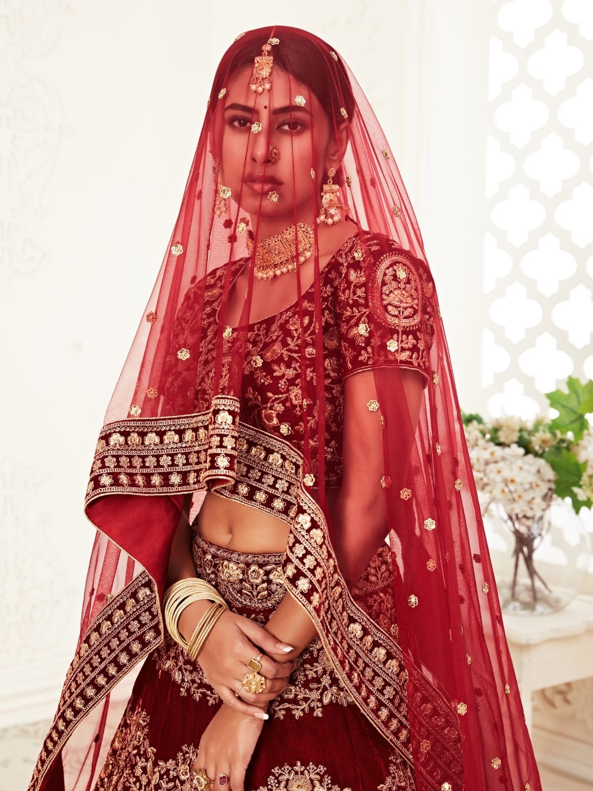 Odette Maroon Velvet Embroidered Semi Stitched Lehenga With Unstitched Blouse For Women