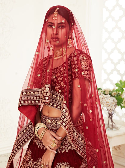 Odette Maroon Velvet Embroidered Semi Stitched Lehenga With Unstitched Blouse For Women