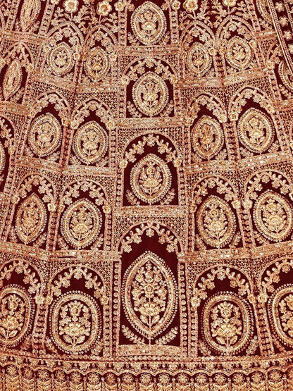 Odette Maroon Velvet Embroidered Semi Stitched Lehenga With Unstitched Blouse For Women