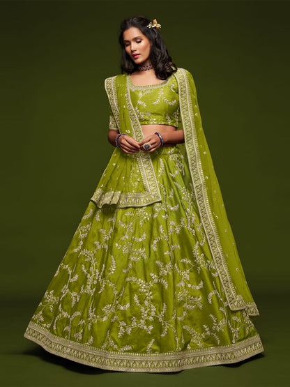 Odette Green Art Silk Embroidered Semi Stitched Lehenga With Unstitched Blouse For Women