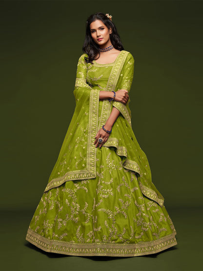 Odette Green Art Silk Embroidered Semi Stitched Lehenga With Unstitched Blouse For Women