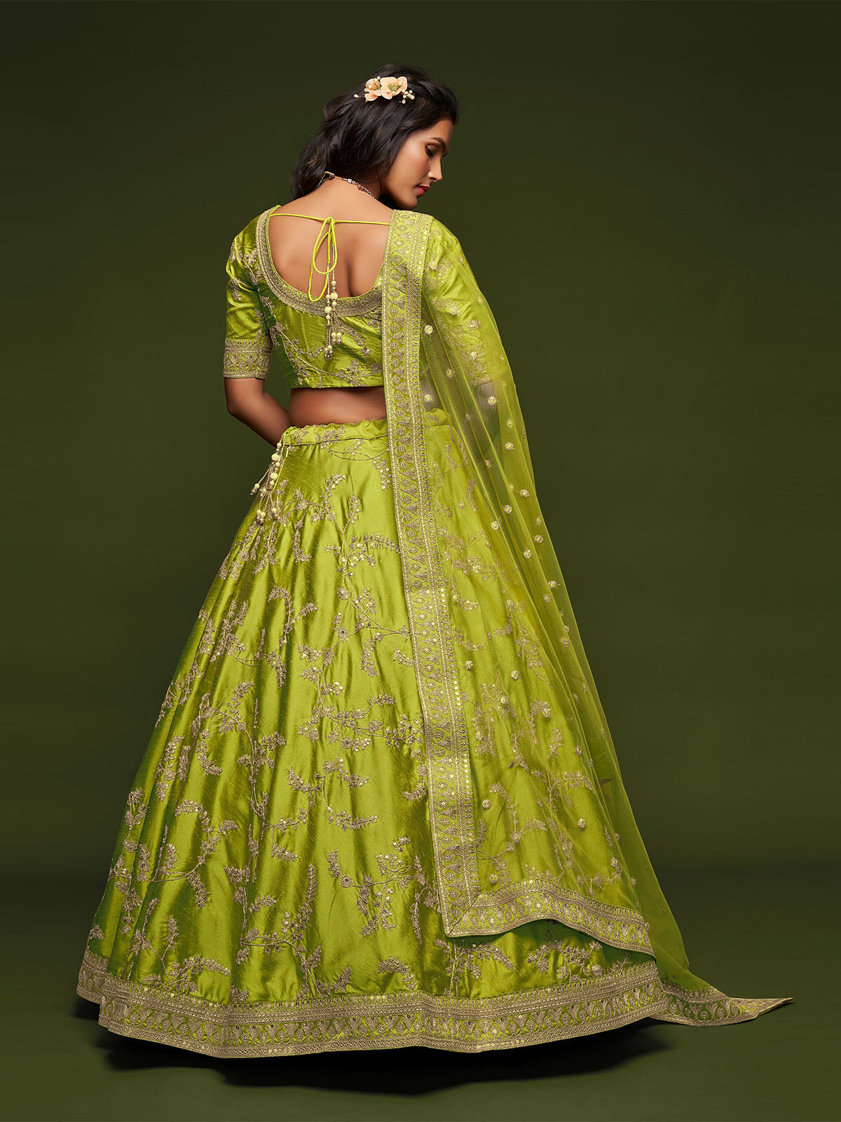 Odette Green Art Silk Embroidered Semi Stitched Lehenga With Unstitched Blouse For Women