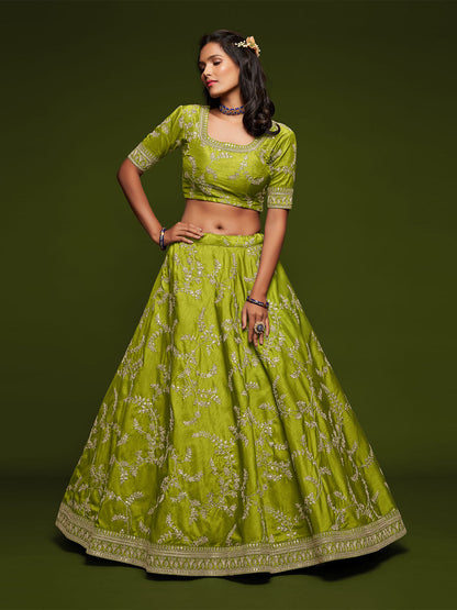 Odette Green Art Silk Embroidered Semi Stitched Lehenga With Unstitched Blouse For Women