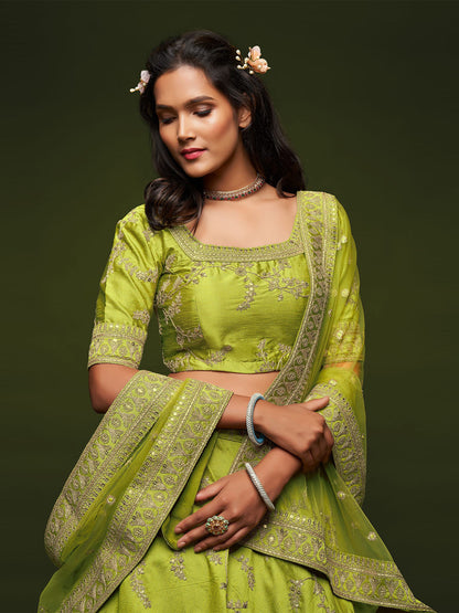 Odette Green Art Silk Embroidered Semi Stitched Lehenga With Unstitched Blouse For Women