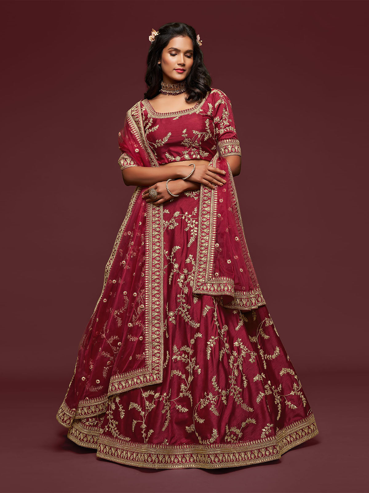 Odette Maroon Art Silk Embroidered Semi Stitched Lehenga With Unstitched Blouse For Women