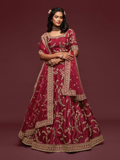Odette Maroon Art Silk Embroidered Semi Stitched Lehenga With Unstitched Blouse For Women