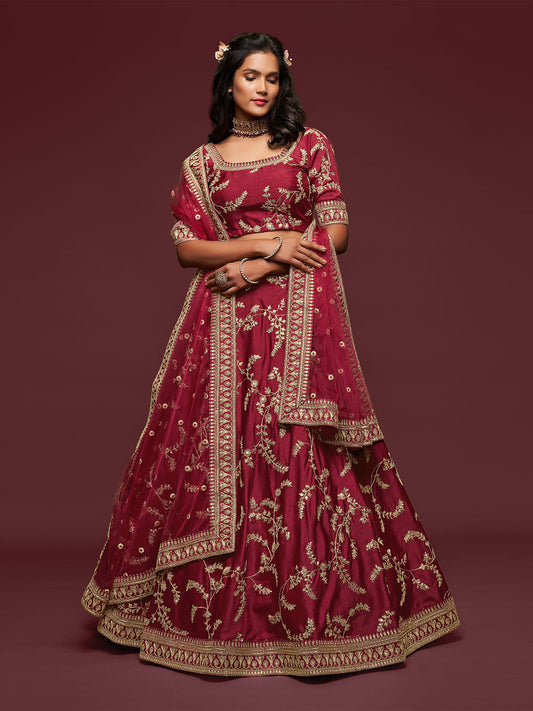 Odette Maroon Art Silk Embroidered Semi Stitched Lehenga With Unstitched Blouse For Women