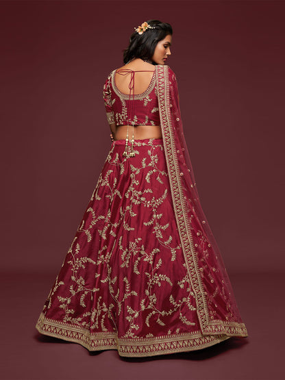 Odette Maroon Art Silk Embroidered Semi Stitched Lehenga With Unstitched Blouse For Women