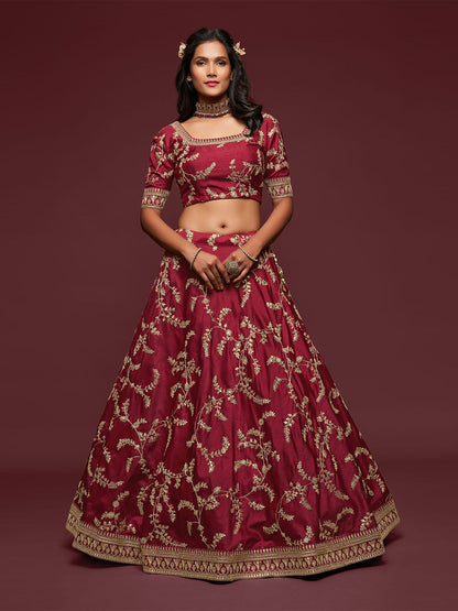 Odette Maroon Art Silk Embroidered Semi Stitched Lehenga With Unstitched Blouse For Women