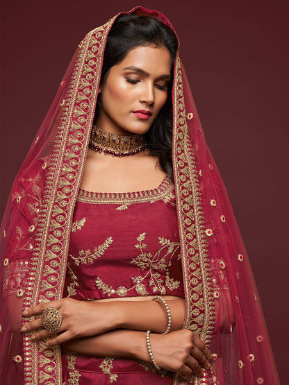 Odette Maroon Art Silk Embroidered Semi Stitched Lehenga With Unstitched Blouse For Women