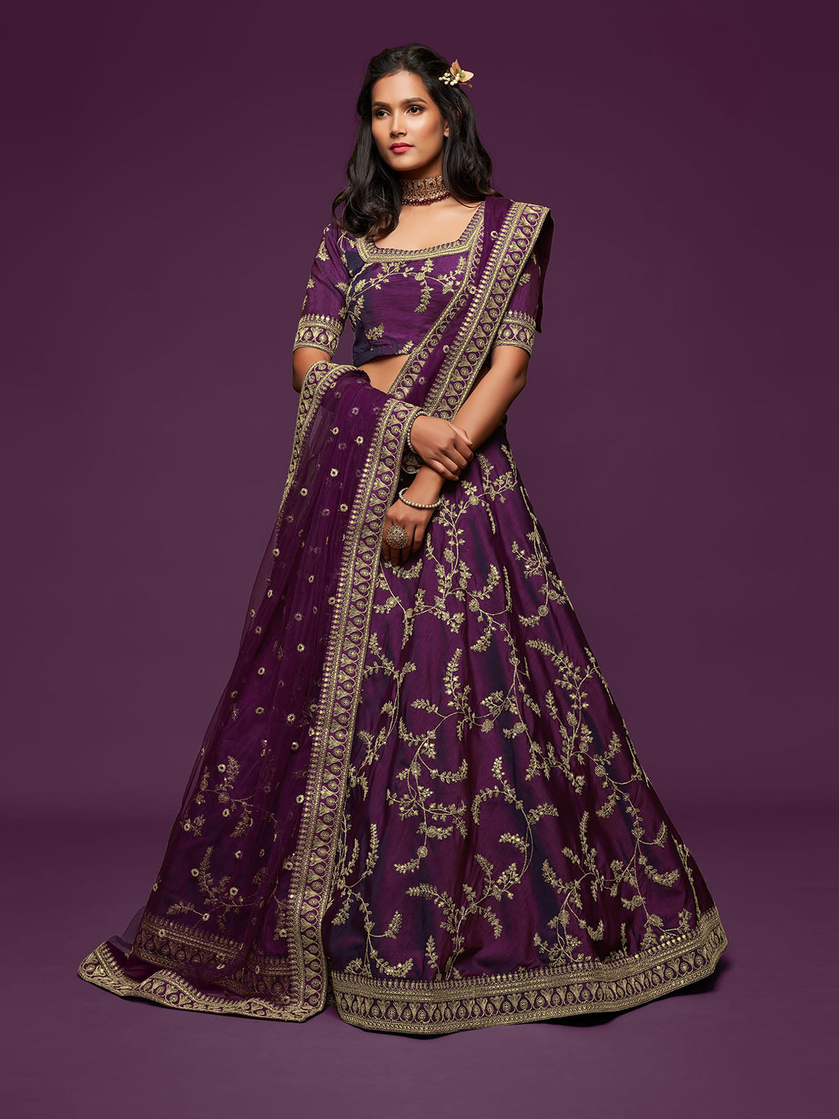 Odette Purple Art Silk Embroidered Semi Stitched Lehenga With Unstitched Blouse For Women